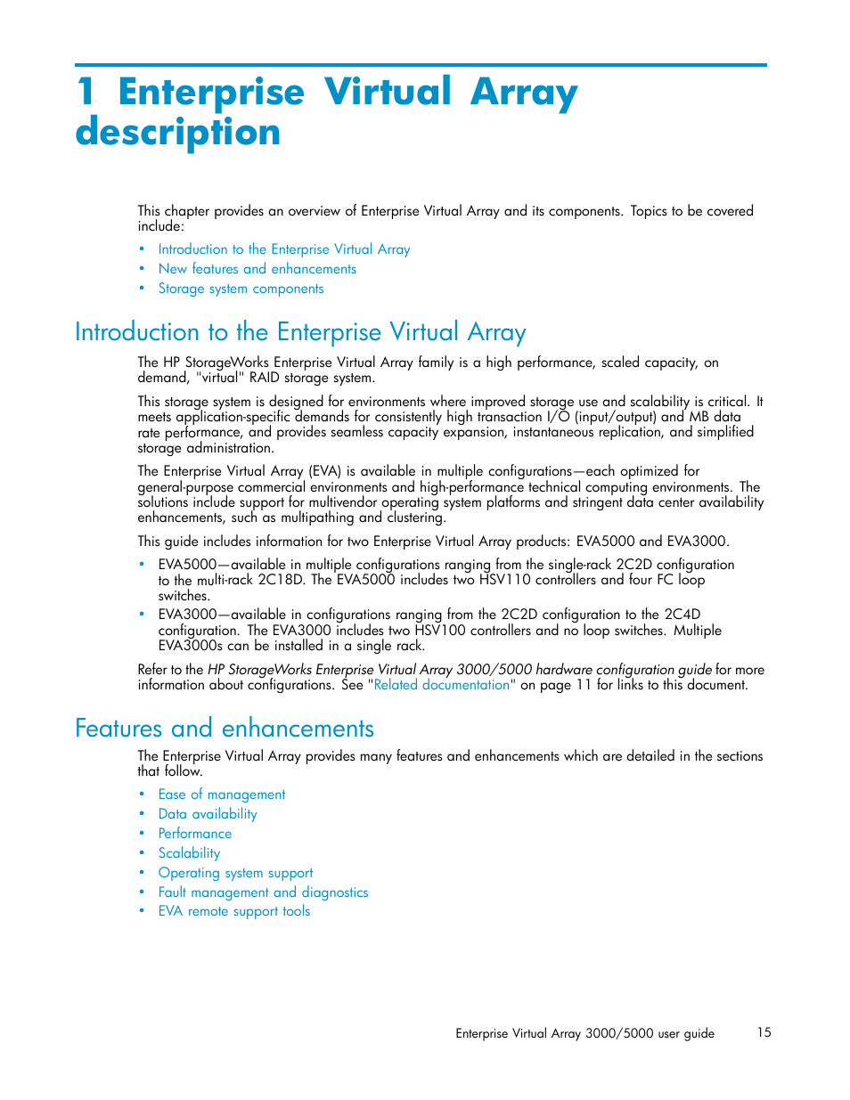 1 enterprise virtual array description, Introduction to the enterprise virtual array, Features and enhancements | HP 3000 Enterprise Virtual Array User Manual | Page 15 / 161