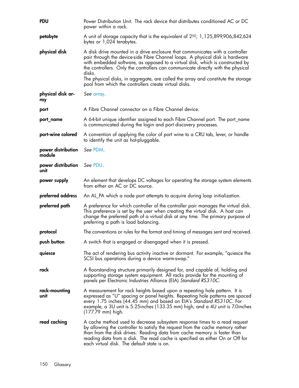 Rack-mounting unit, Read cache, Rack | HP 3000 Enterprise Virtual Array User Manual | Page 150 / 161