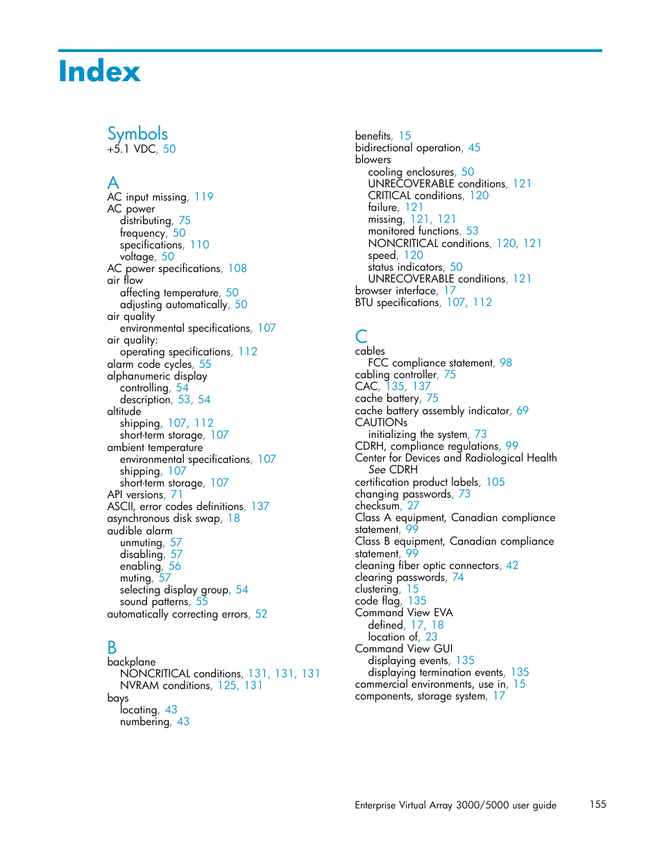 Index, Symbols | HP 3000 Enterprise Virtual Array User Manual | Page 155 / 161