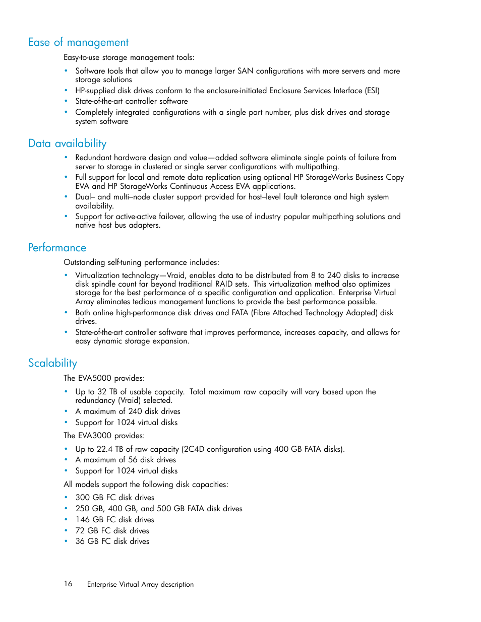 Ease of management, Data availability, Performance | Scalability | HP 3000 Enterprise Virtual Array User Manual | Page 16 / 161