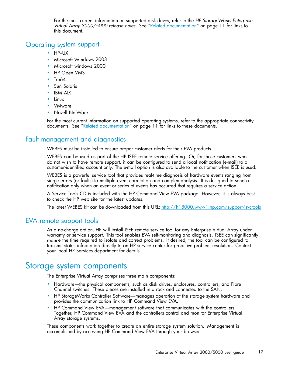 Operating system support, Fault management and diagnostics, Eva remote support tools | Storage system components | HP 3000 Enterprise Virtual Array User Manual | Page 17 / 161