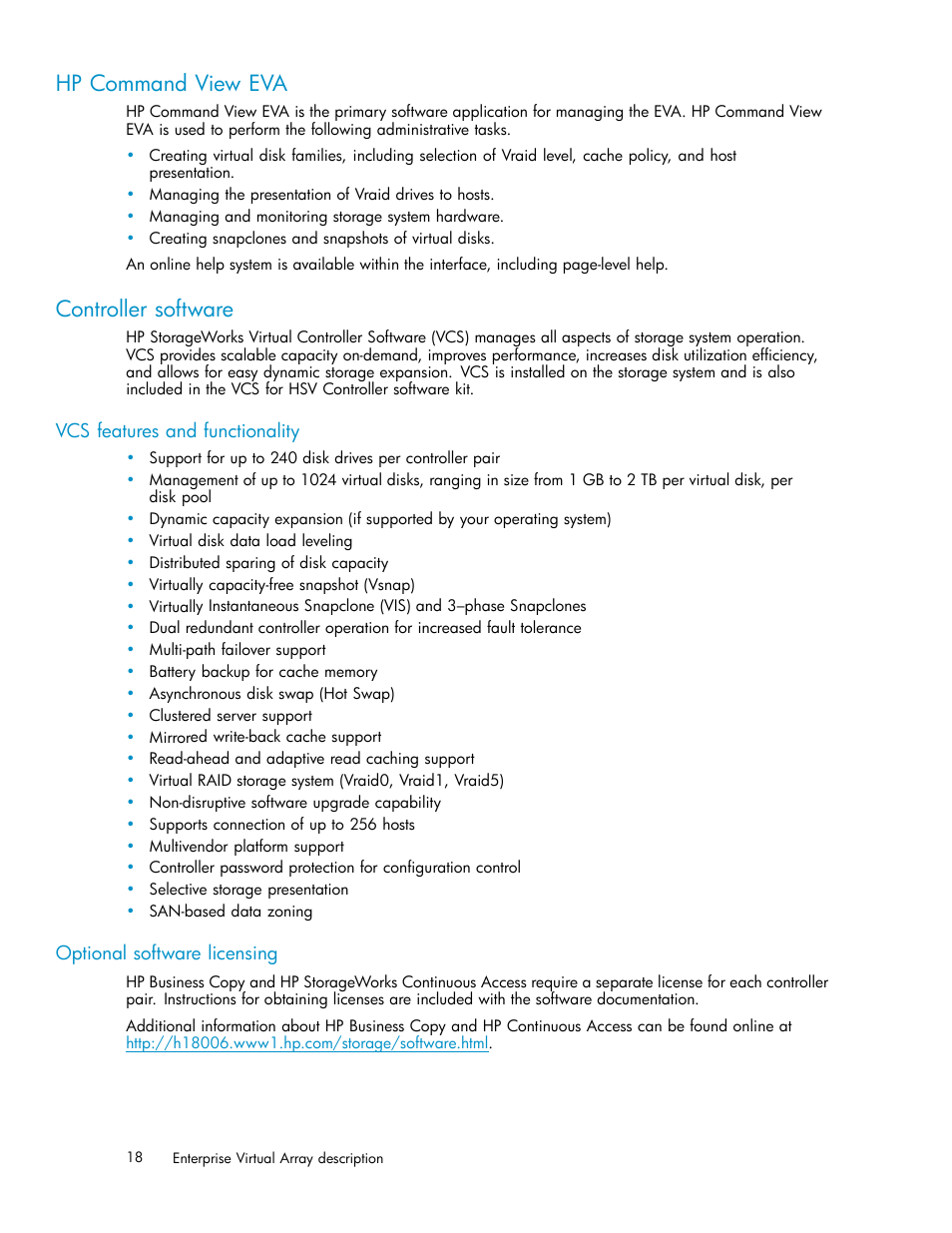 Hp command view eva, Controller software, Vcs features and functionality | Optional software licensing | HP 3000 Enterprise Virtual Array User Manual | Page 18 / 161