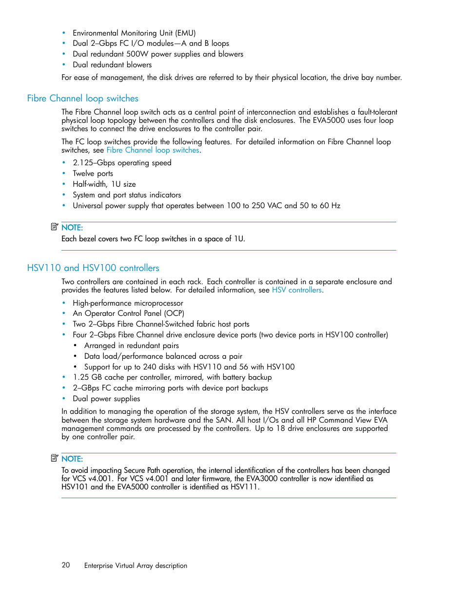 Fibre channel loop switches, Hsv110 and hsv100 controllers | HP 3000 Enterprise Virtual Array User Manual | Page 20 / 161