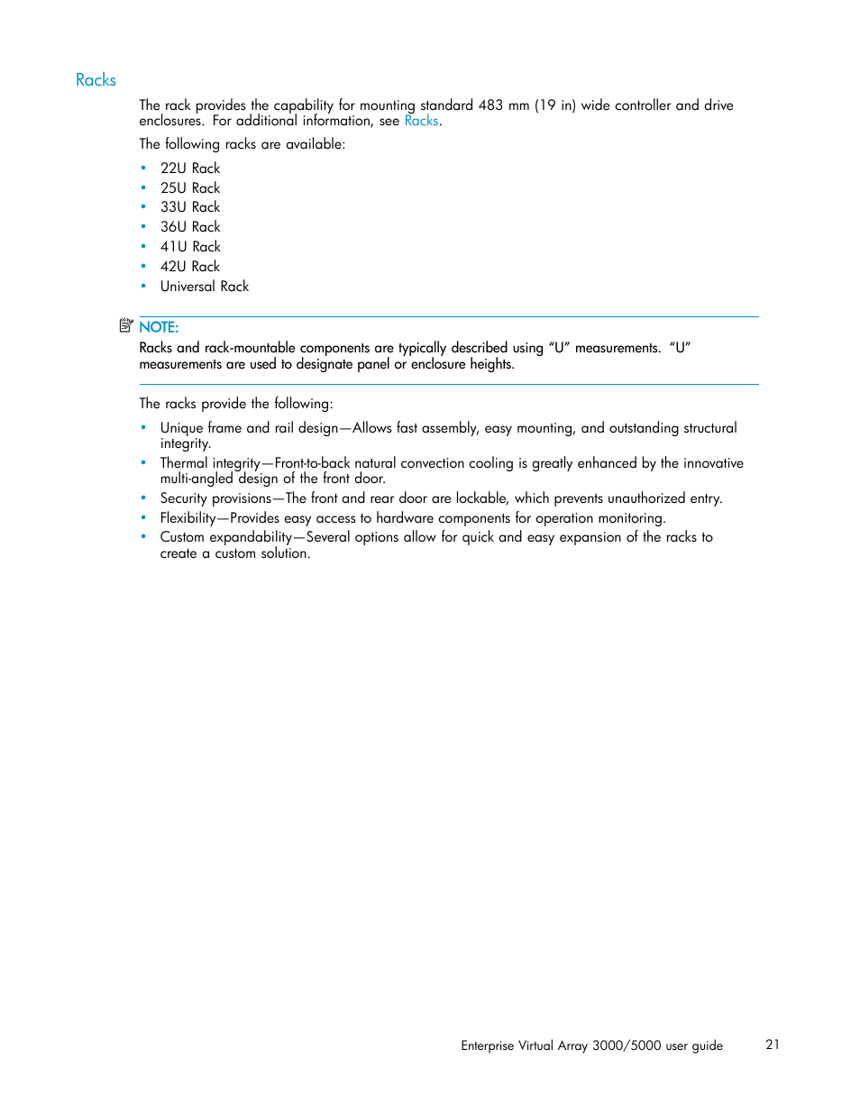 Racks | HP 3000 Enterprise Virtual Array User Manual | Page 21 / 161