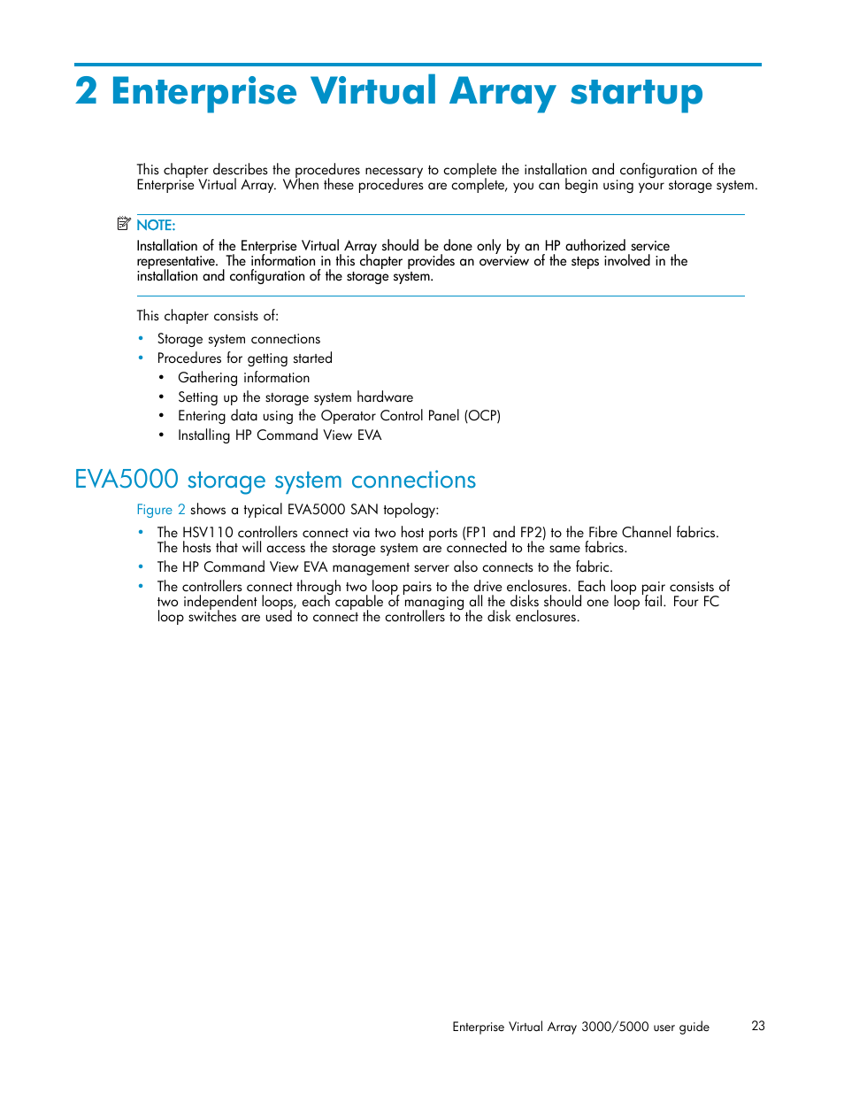 2 enterprise virtual array startup, Eva5000 storage system connections | HP 3000 Enterprise Virtual Array User Manual | Page 23 / 161