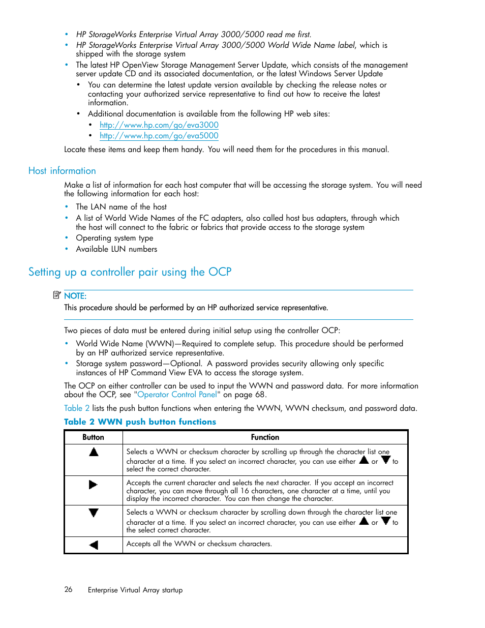 Host information, Setting up a controller pair using the ocp, 2 wwn push button functions | HP 3000 Enterprise Virtual Array User Manual | Page 26 / 161