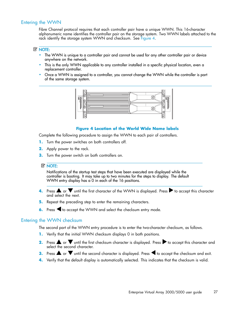 Entering the wwn, Entering the wwn checksum, 4 location of the world wide name labels | HP 3000 Enterprise Virtual Array User Manual | Page 27 / 161