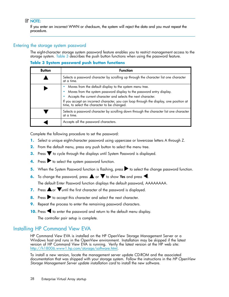 Entering the storage system password, Installing hp command view eva, 3 system password push button functions | HP 3000 Enterprise Virtual Array User Manual | Page 28 / 161