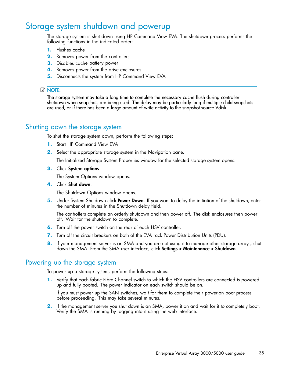 Storage system shutdown and powerup, Shutting down the storage system, Powering up the storage system | HP 3000 Enterprise Virtual Array User Manual | Page 35 / 161