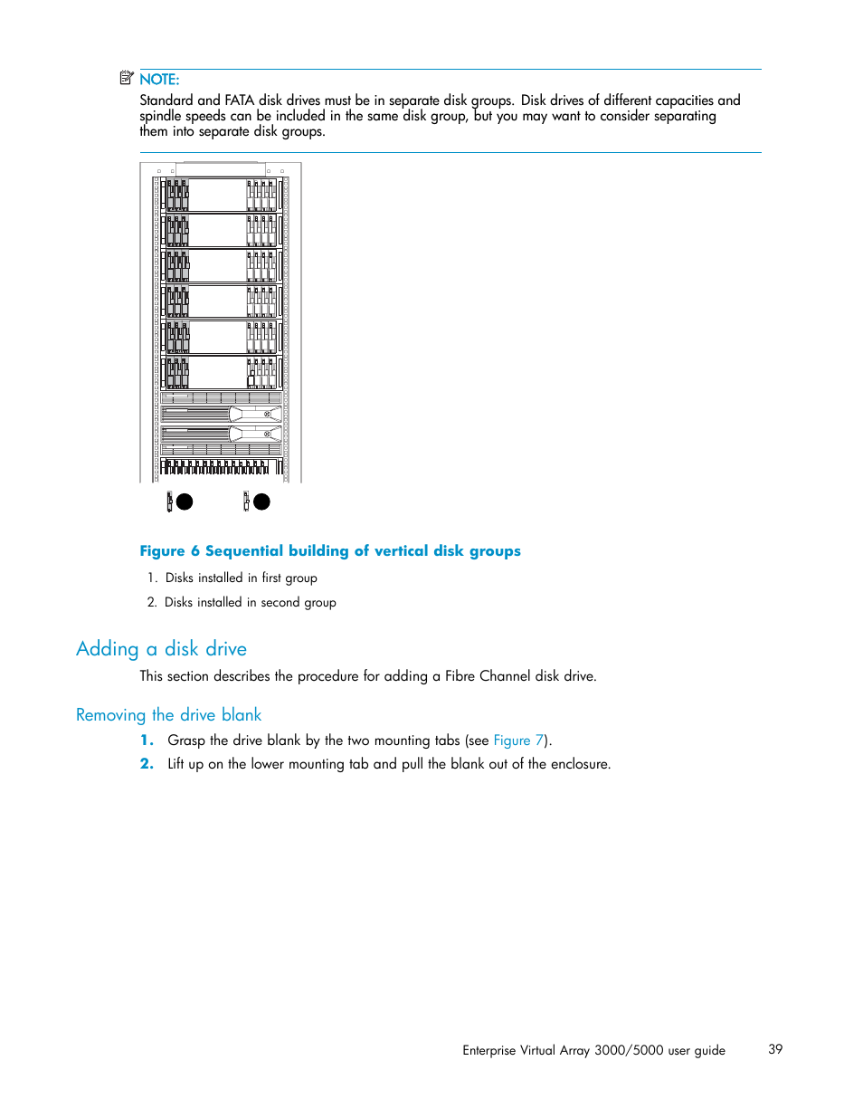 Adding a disk drive, Removing the drive blank, 6 sequential building of vertical disk groups | Figure 6 | HP 3000 Enterprise Virtual Array User Manual | Page 39 / 161