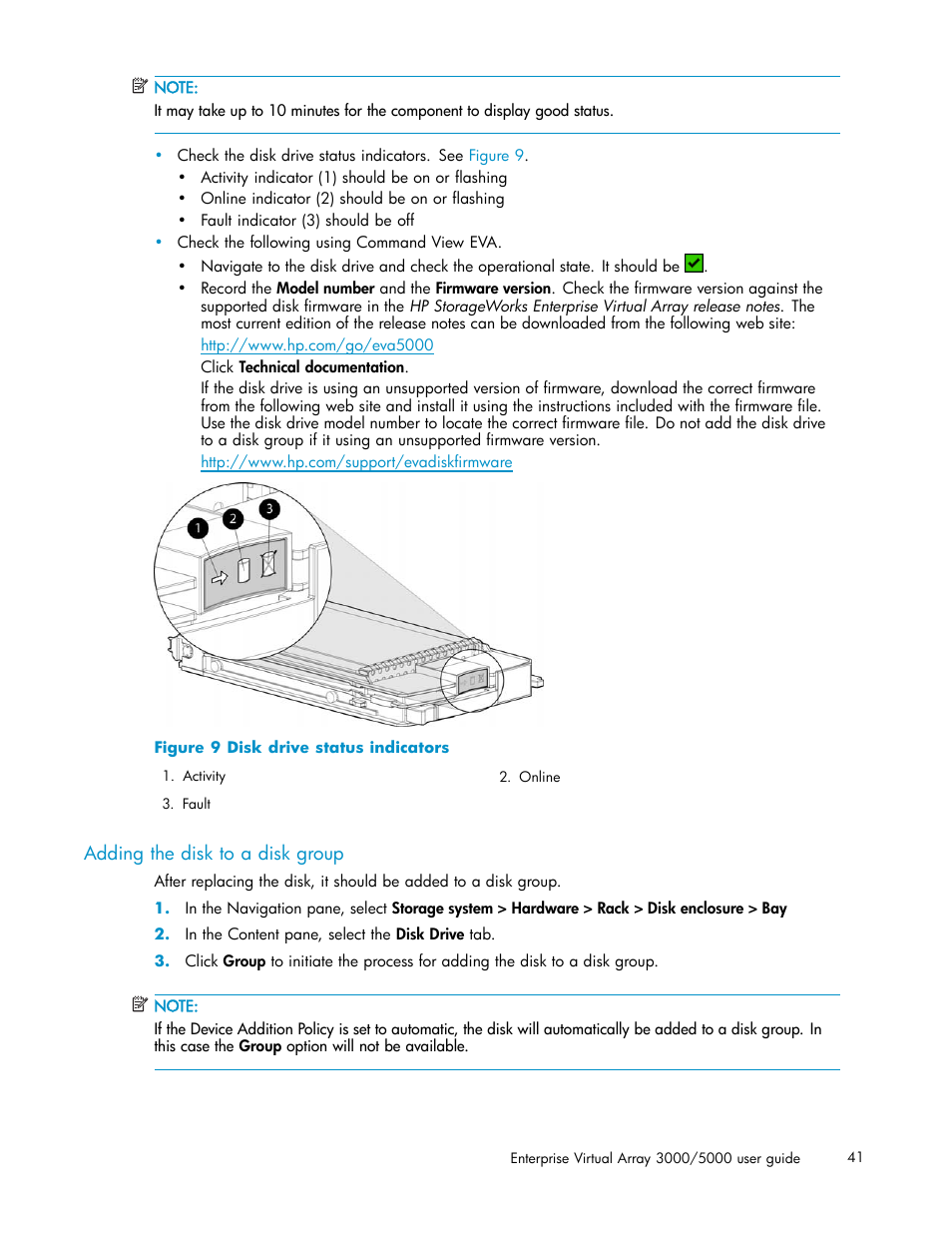 Adding the disk to a disk group, 9 disk drive status indicators | HP 3000 Enterprise Virtual Array User Manual | Page 41 / 161