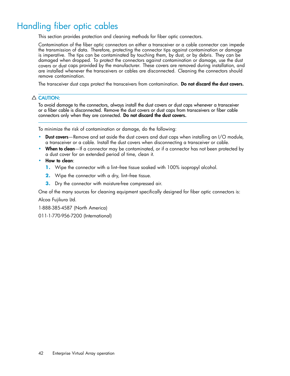 Handling fiber optic cables | HP 3000 Enterprise Virtual Array User Manual | Page 42 / 161