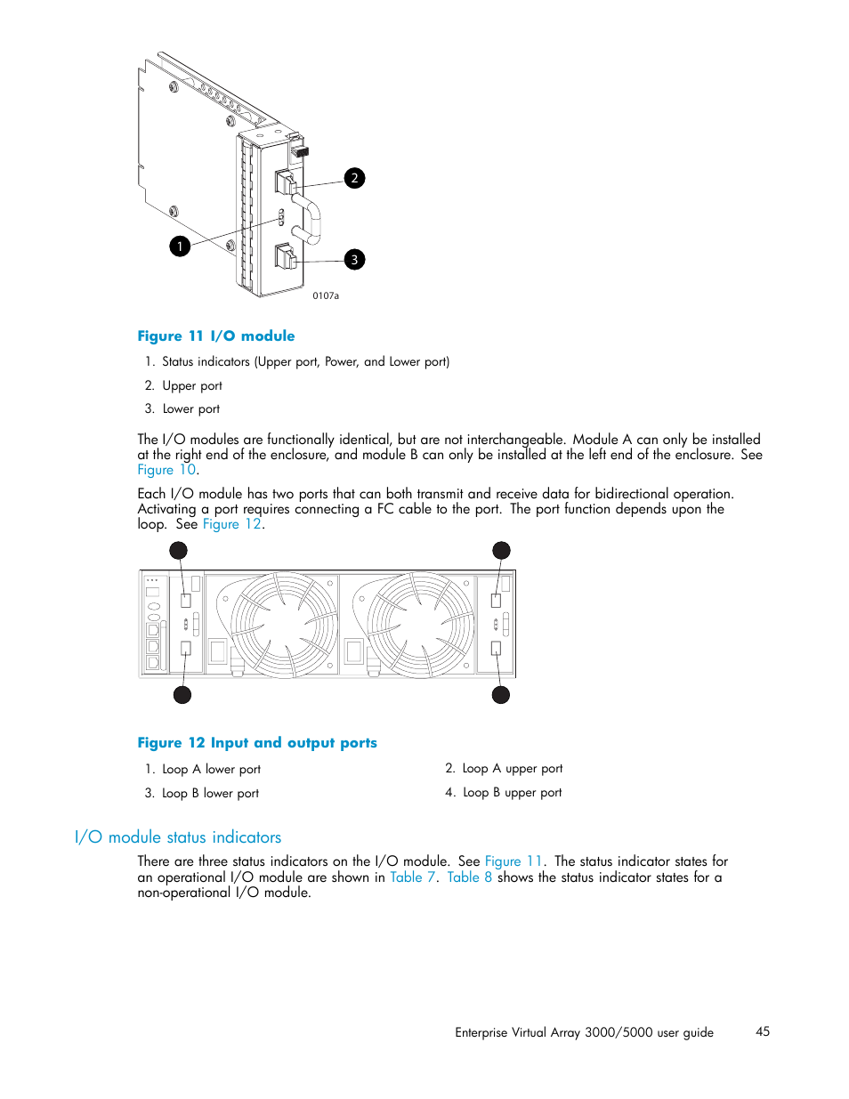 I/o module status indicators, 11 i/o module, 12 input and output ports | HP 3000 Enterprise Virtual Array User Manual | Page 45 / 161