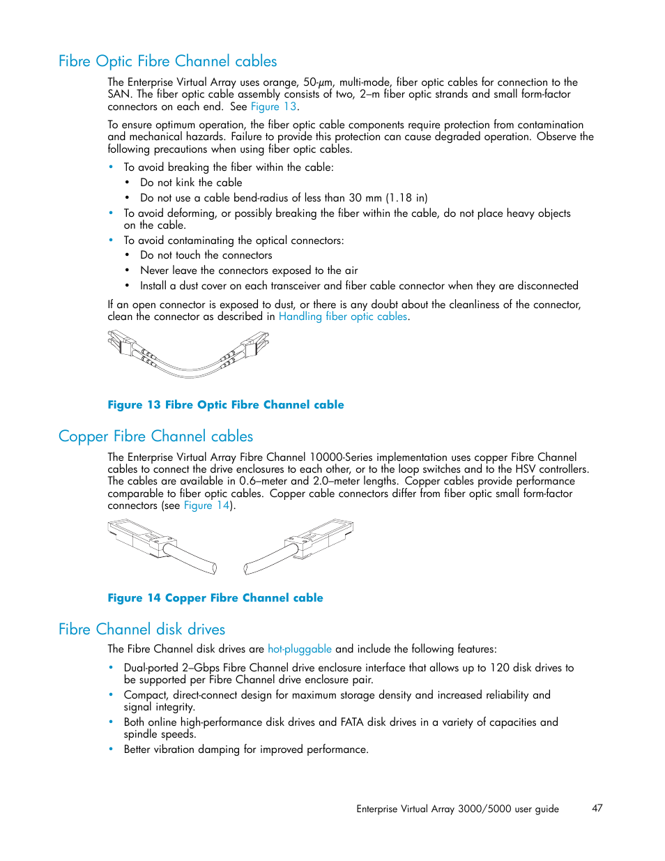 Fibre optic fibre channel cables, Copper fibre channel cables, Fibre channel disk drives | 13 fibre optic fibre channel cable, 14 copper fibre channel cable | HP 3000 Enterprise Virtual Array User Manual | Page 47 / 161