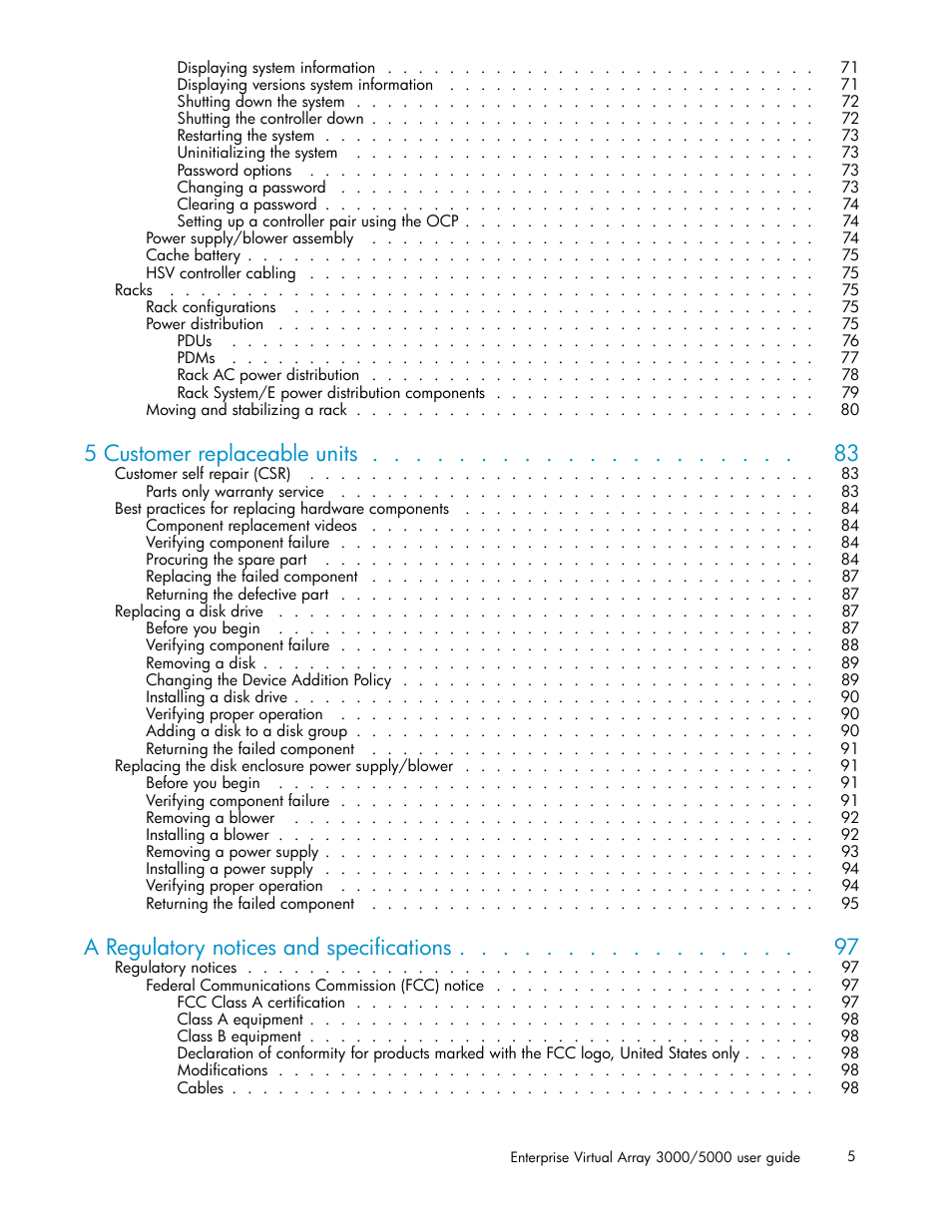 5 customer replaceable units, A regulatory notices and specifications | HP 3000 Enterprise Virtual Array User Manual | Page 5 / 161