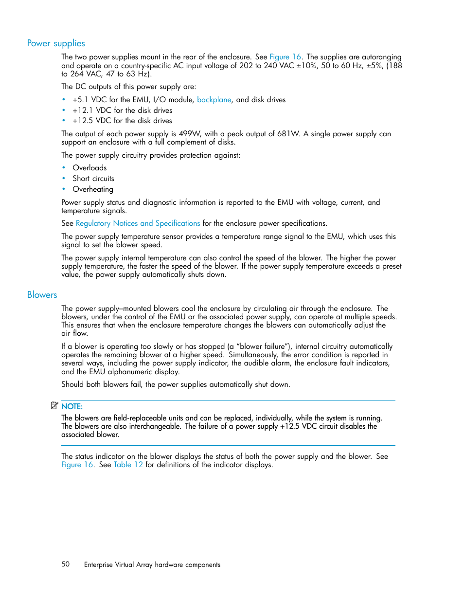 Power supplies, Blowers | HP 3000 Enterprise Virtual Array User Manual | Page 50 / 161