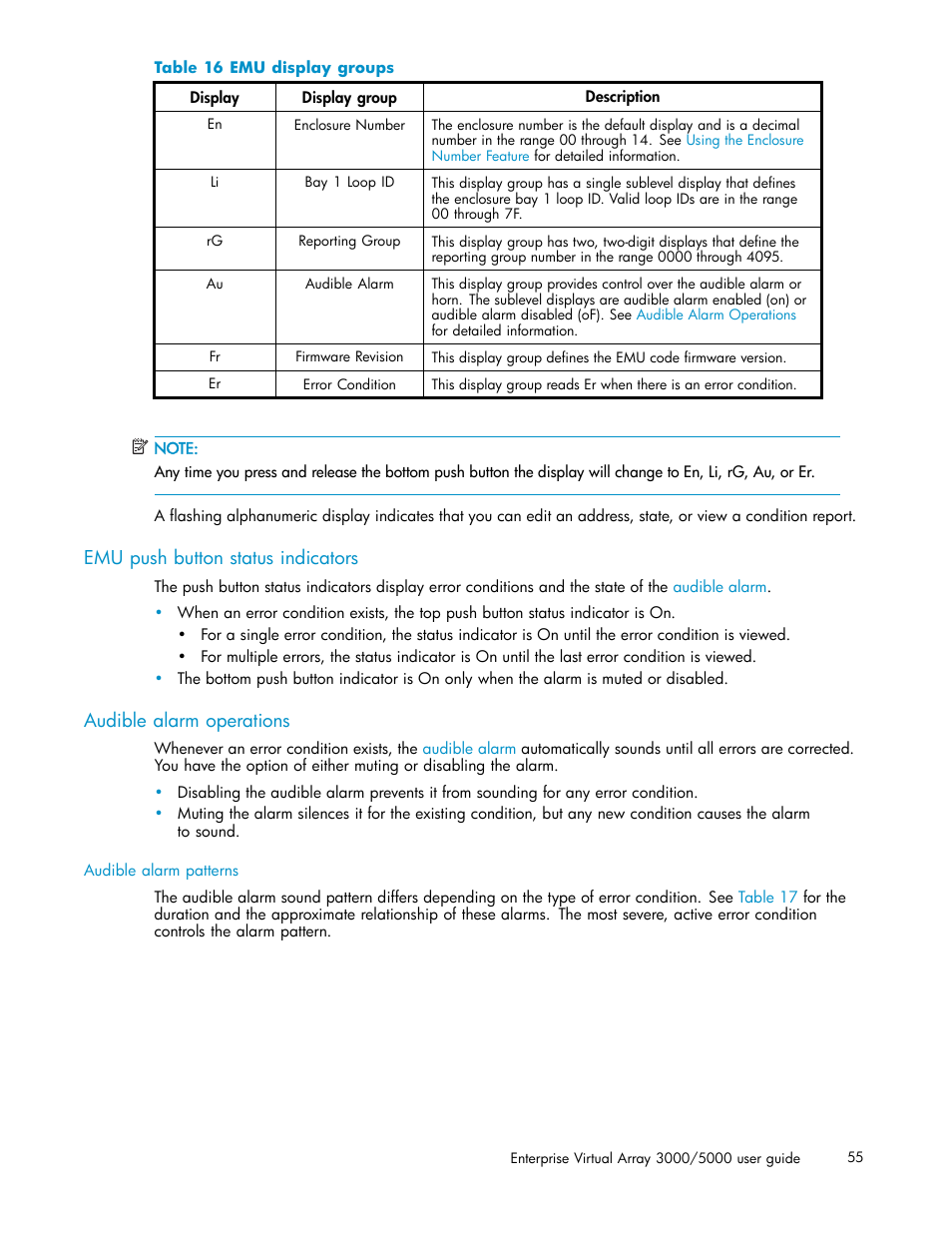 Emu push button status indicators, Audible alarm operations, 16 emu display groups | Emu display groups | HP 3000 Enterprise Virtual Array User Manual | Page 55 / 161