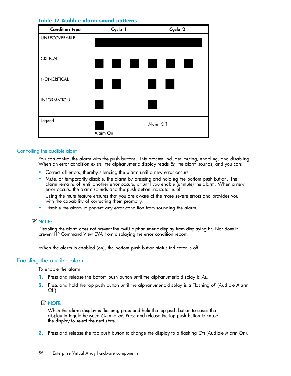 Enabling the audible alarm, 17 audible alarm sound patterns, Table 17 | HP 3000 Enterprise Virtual Array User Manual | Page 56 / 161