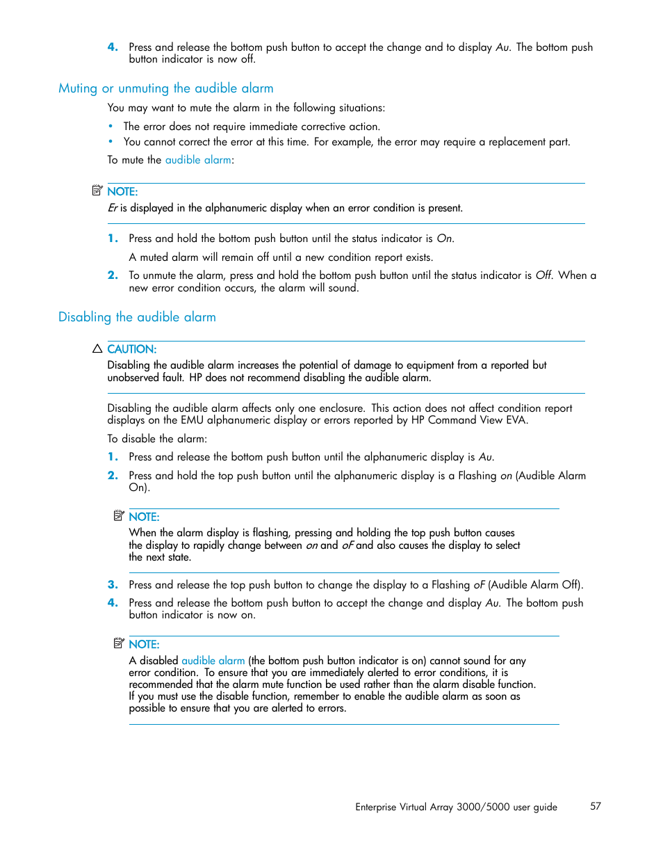 Muting or unmuting the audible alarm, Disabling the audible alarm | HP 3000 Enterprise Virtual Array User Manual | Page 57 / 161