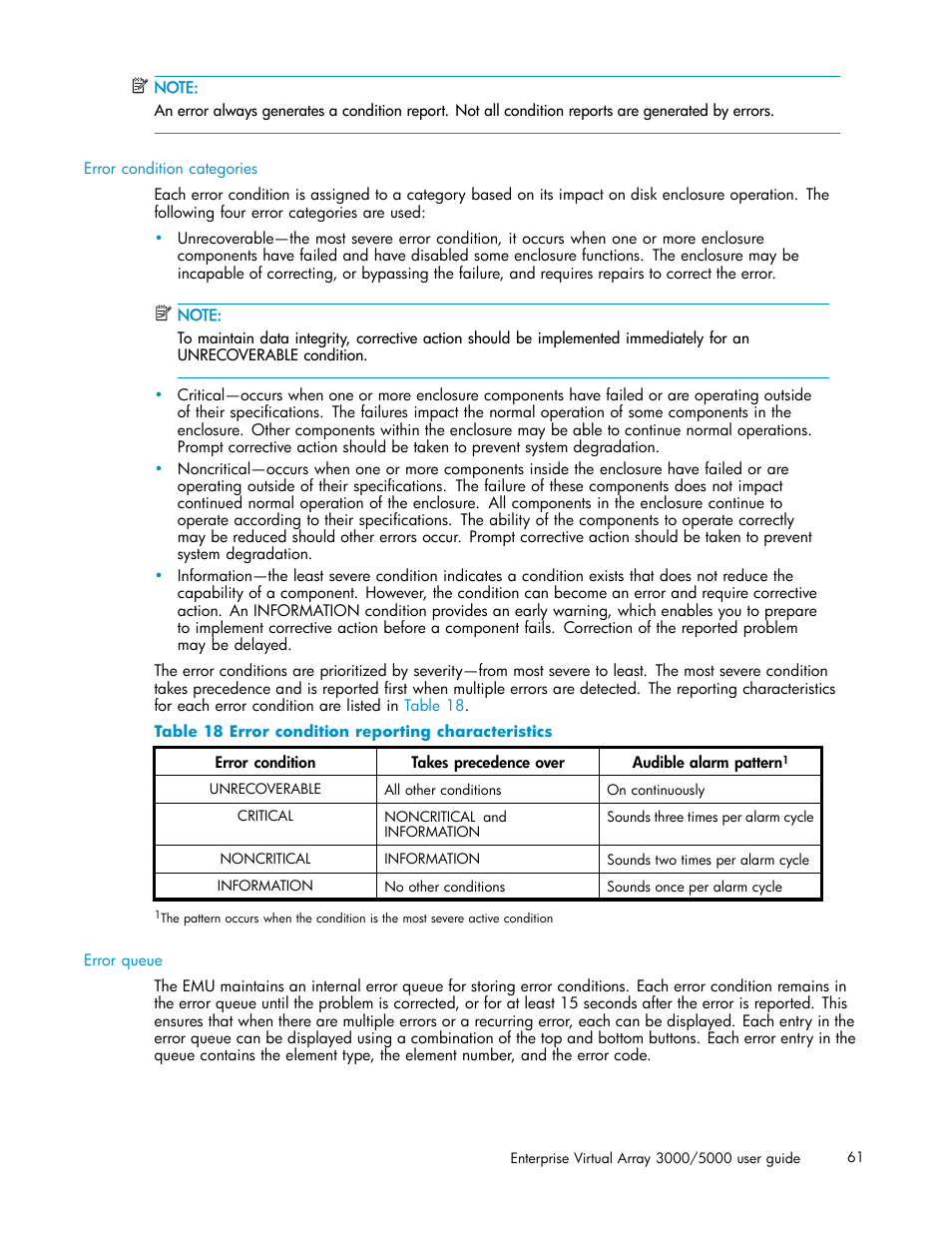 18 error condition reporting characteristics | HP 3000 Enterprise Virtual Array User Manual | Page 61 / 161