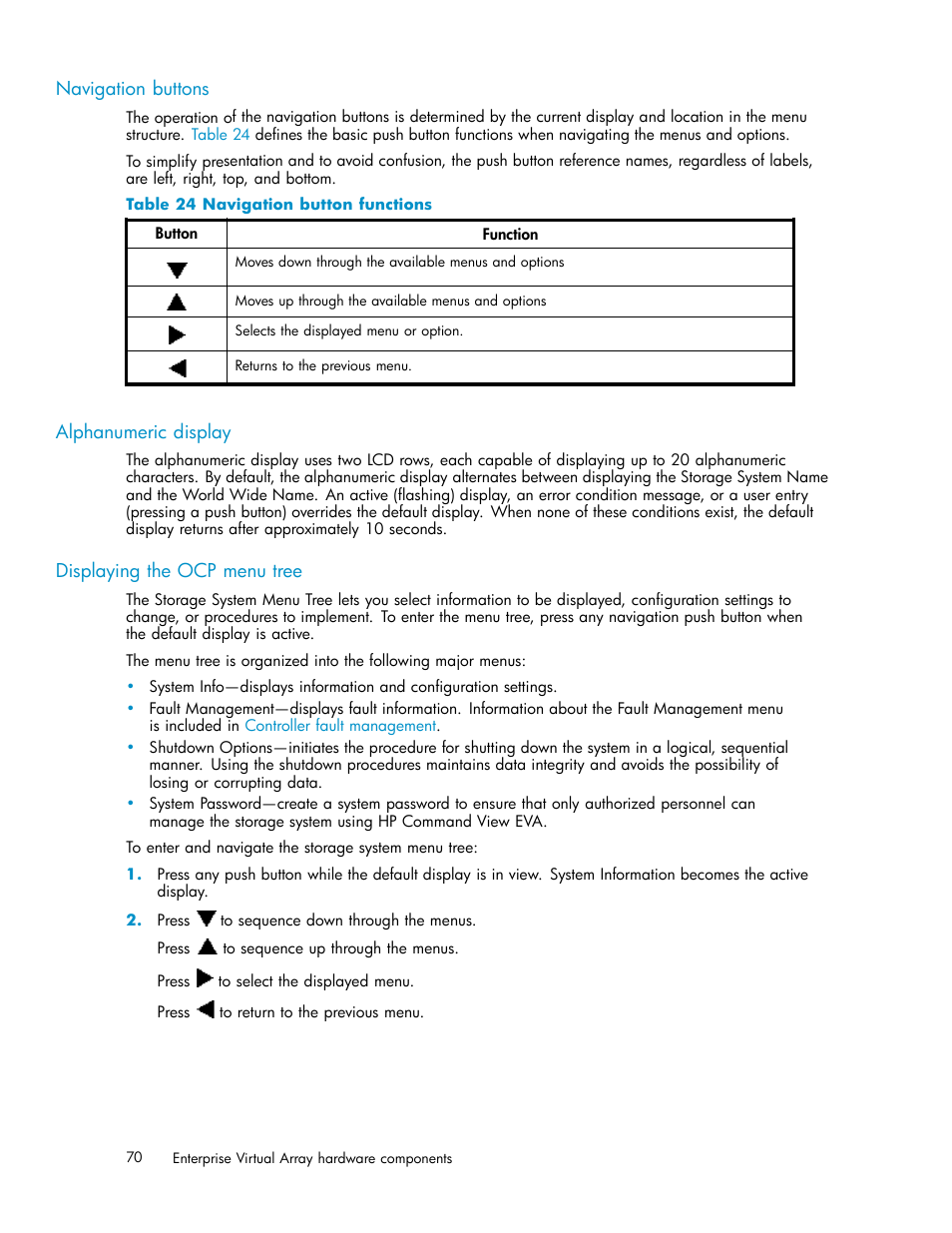 Navigation buttons, Alphanumeric display, Displaying the ocp menu tree | 24 navigation button functions | HP 3000 Enterprise Virtual Array User Manual | Page 70 / 161