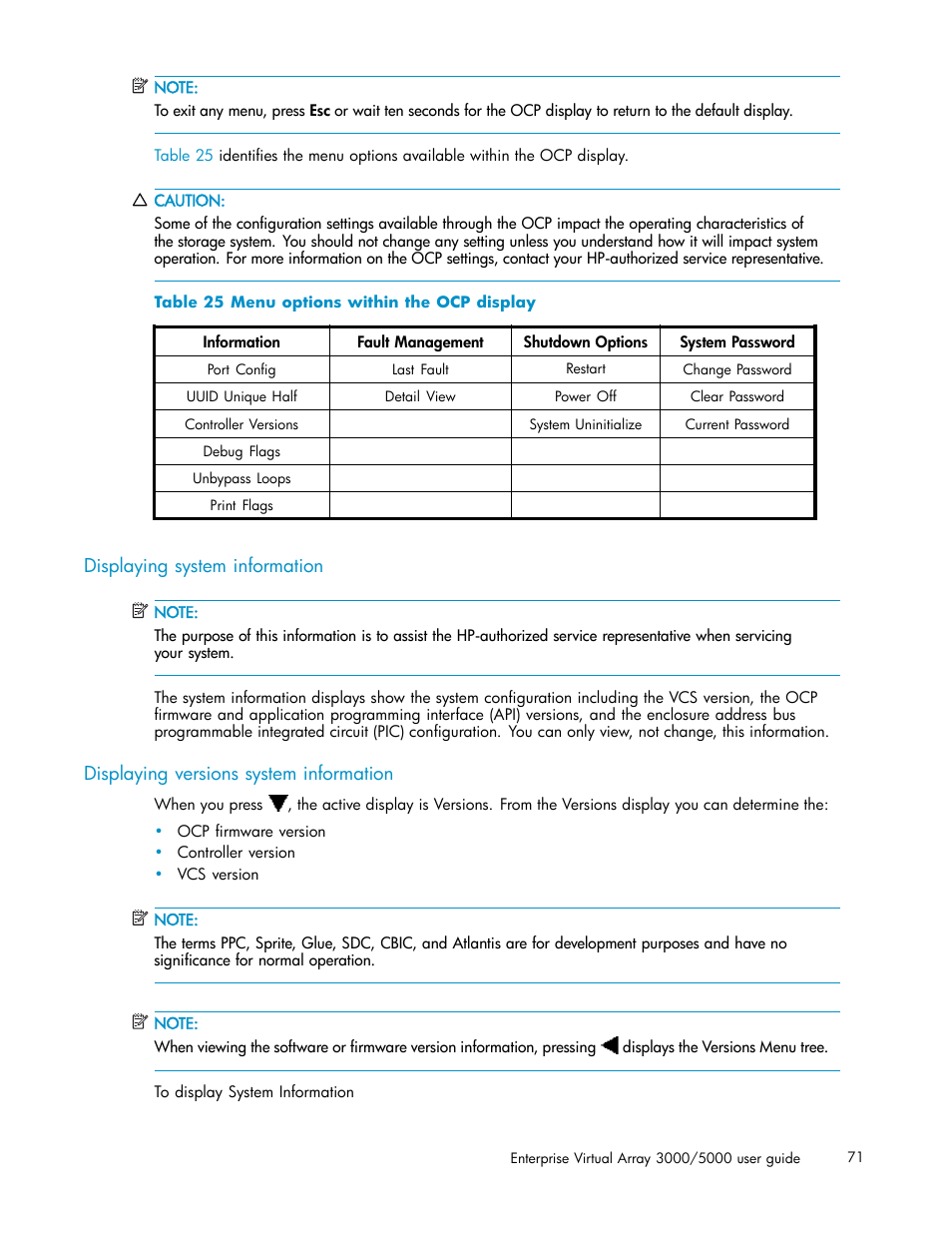 Displaying system information, Displaying versions system information, 25 menu options within the ocp display | HP 3000 Enterprise Virtual Array User Manual | Page 71 / 161