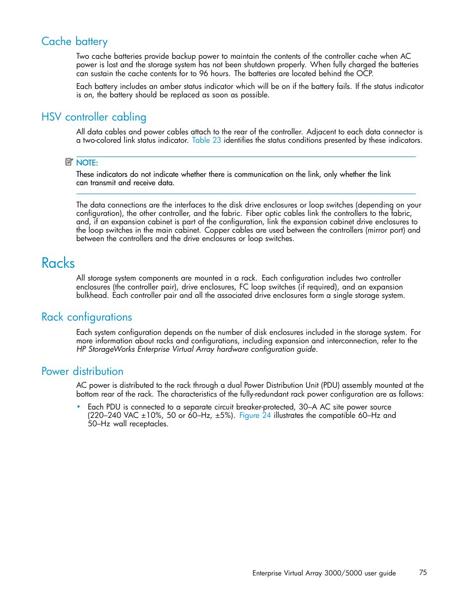 Cache battery, Hsv controller cabling, Racks | Rack configurations, Power distribution | HP 3000 Enterprise Virtual Array User Manual | Page 75 / 161