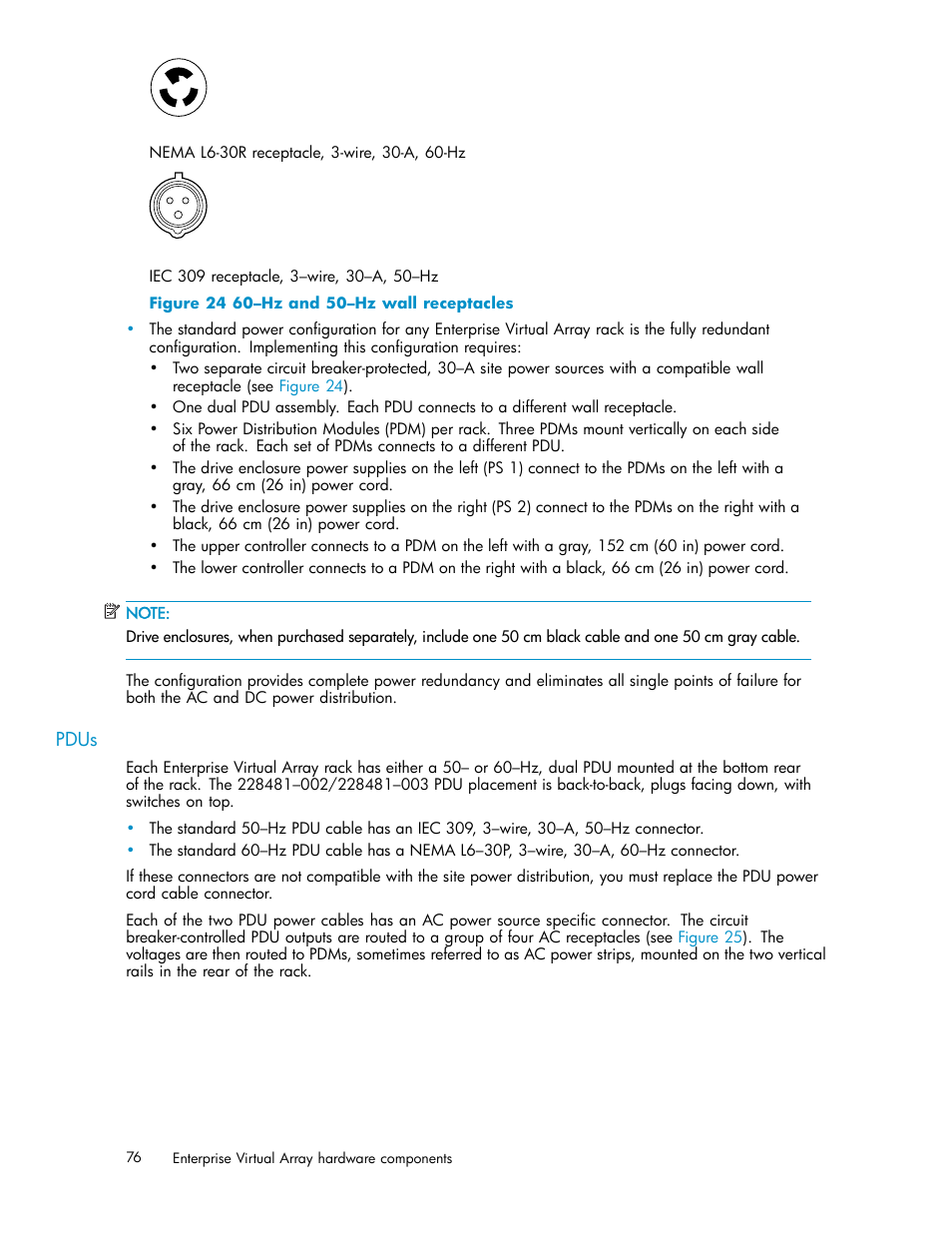 Pdus, 24 60–hz and 50–hz wall receptacles | HP 3000 Enterprise Virtual Array User Manual | Page 76 / 161