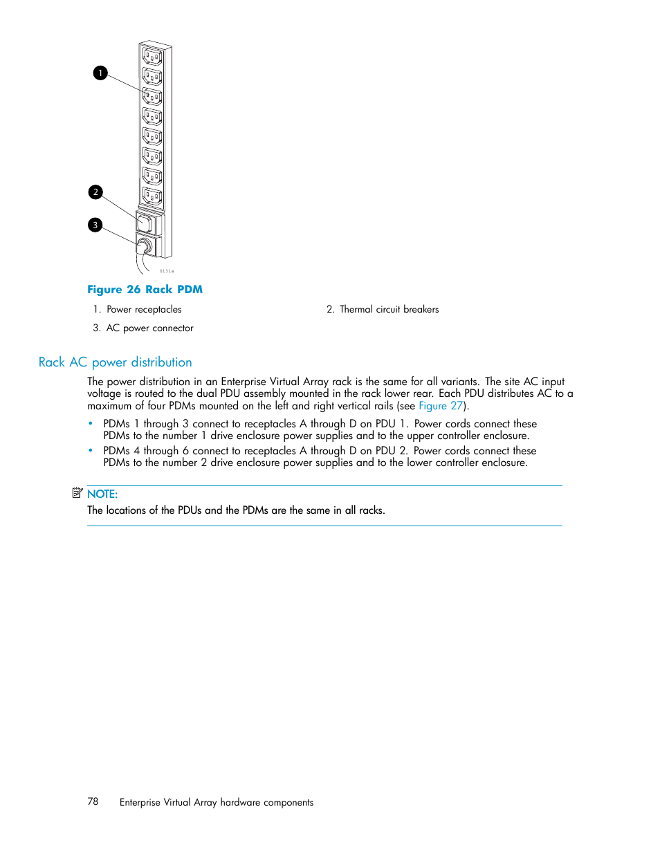 Rack ac power distribution, 26 rack pdm | HP 3000 Enterprise Virtual Array User Manual | Page 78 / 161