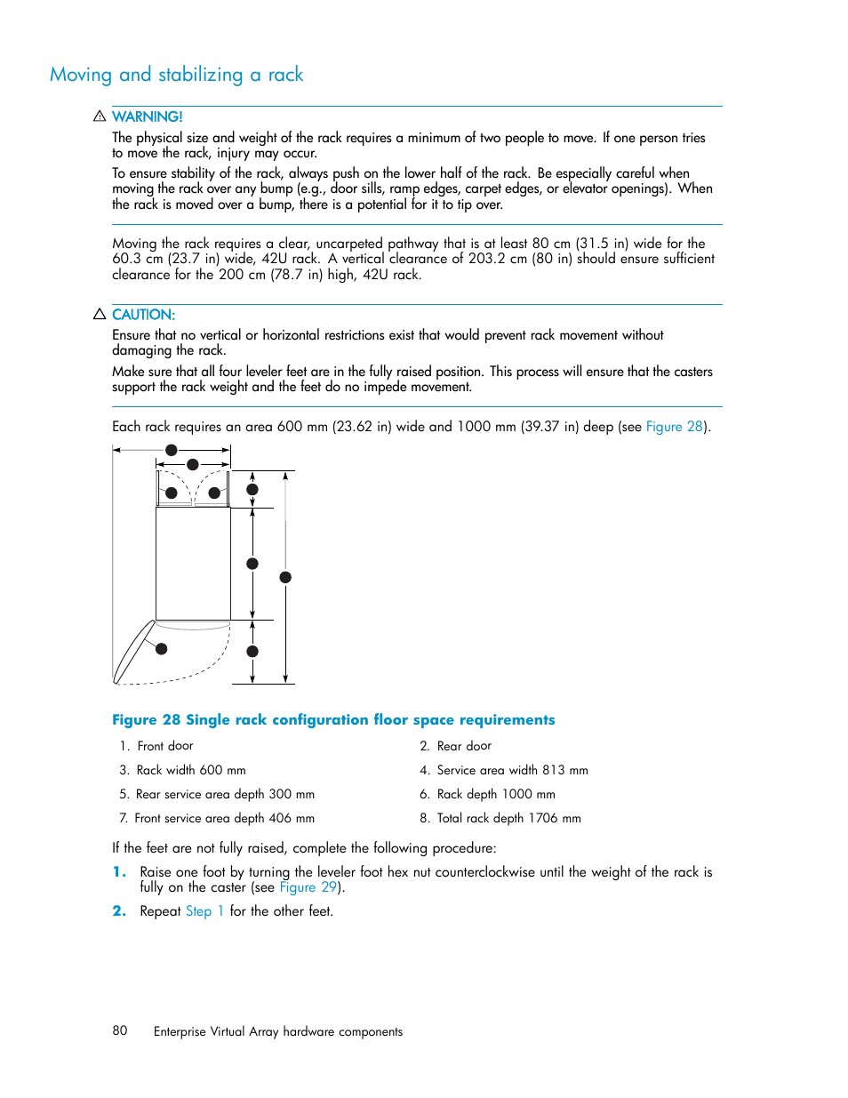 Moving and stabilizing a rack | HP 3000 Enterprise Virtual Array User Manual | Page 80 / 161