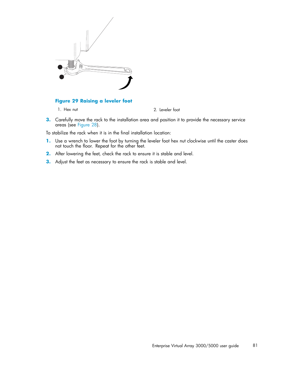 29 raising a leveler foot, Figure 29 | HP 3000 Enterprise Virtual Array User Manual | Page 81 / 161