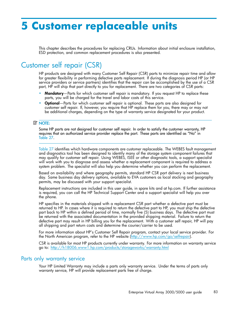 5 customer replaceable units, Customer self repair (csr), Parts only warranty service | HP 3000 Enterprise Virtual Array User Manual | Page 83 / 161