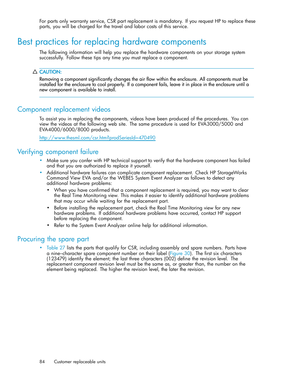 Best practices for replacing hardware components, Component replacement videos, Verifying component failure | Procuring the spare part | HP 3000 Enterprise Virtual Array User Manual | Page 84 / 161