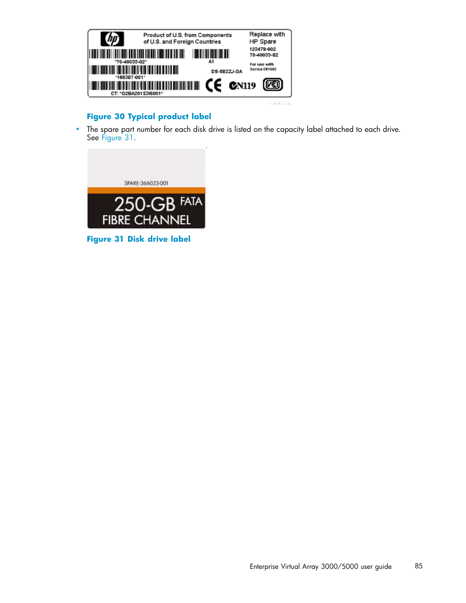 30 typical product label, 31 disk drive label | HP 3000 Enterprise Virtual Array User Manual | Page 85 / 161