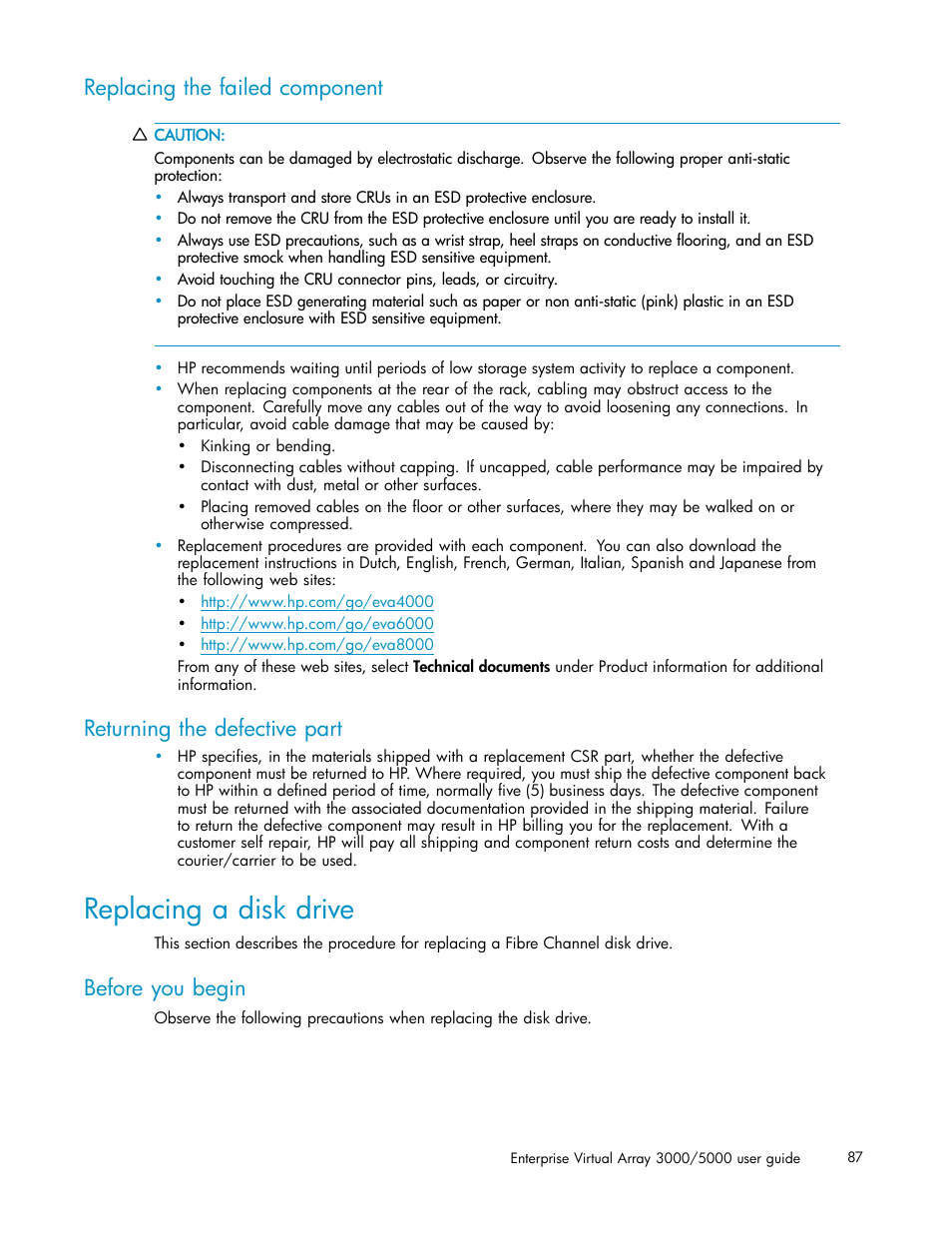 Replacing the failed component, Returning the defective part, Replacing a disk drive | Before you begin | HP 3000 Enterprise Virtual Array User Manual | Page 87 / 161