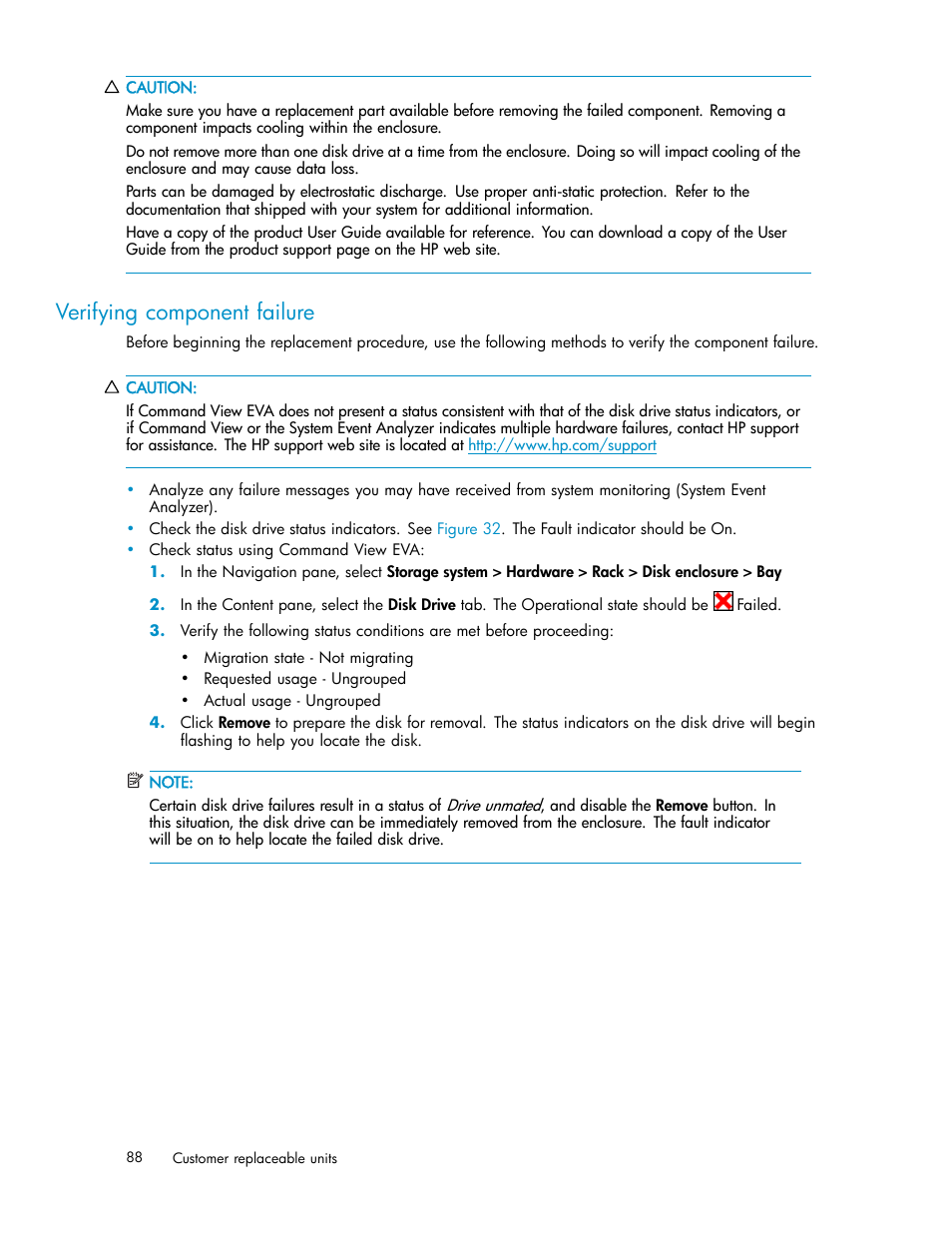 Verifying component failure | HP 3000 Enterprise Virtual Array User Manual | Page 88 / 161