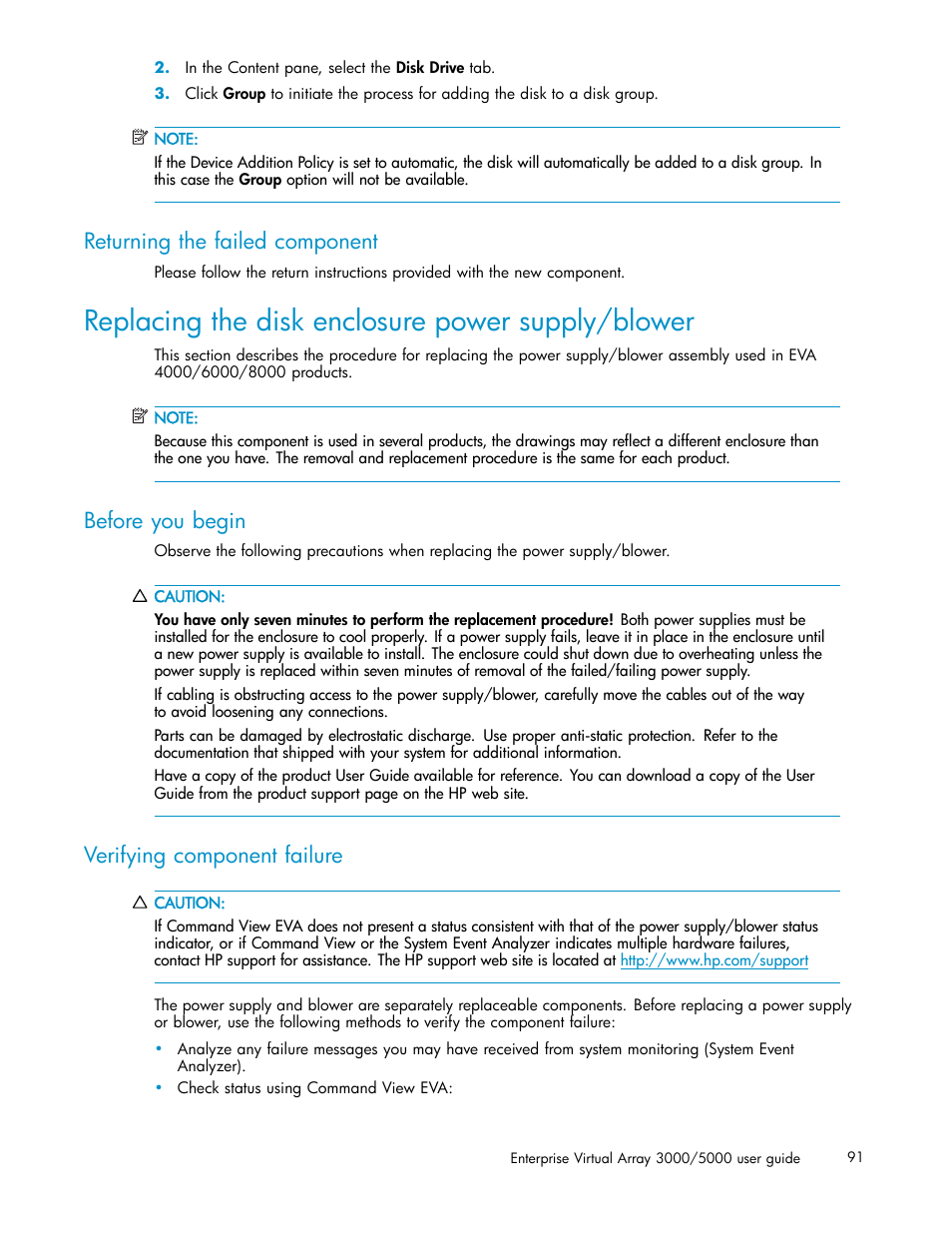 Returning the failed component, Replacing the disk enclosure power supply/blower, Before you begin | Verifying component failure | HP 3000 Enterprise Virtual Array User Manual | Page 91 / 161