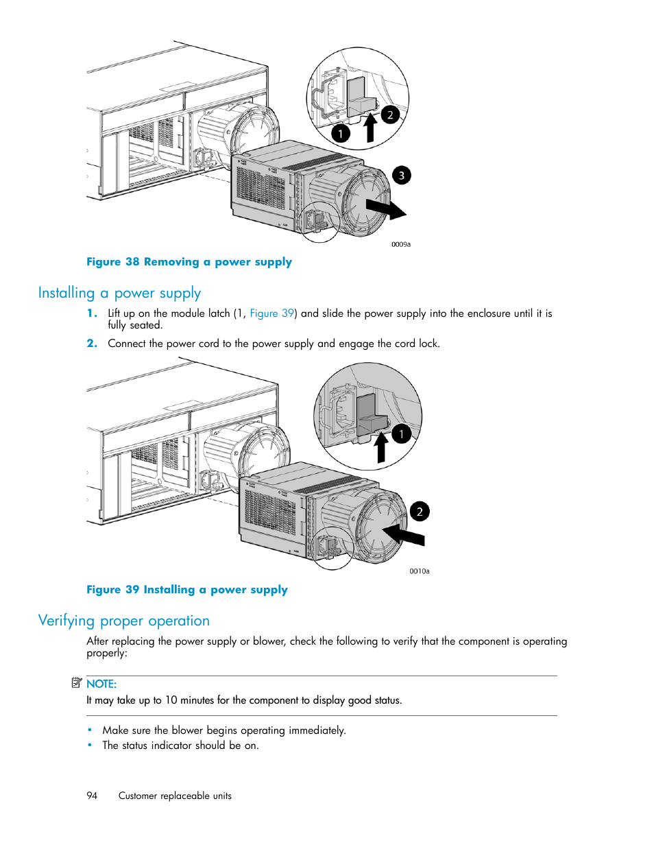 Installing a power supply, Verifying proper operation, 38 removing a power supply | 39 installing a power supply | HP 3000 Enterprise Virtual Array User Manual | Page 94 / 161