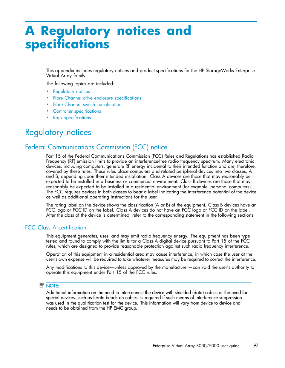 A regulatory notices and specifications, Regulatory notices, Federal communications commission (fcc) notice | Fcc class a certification, Regulatory notices and specifications | HP 3000 Enterprise Virtual Array User Manual | Page 97 / 161