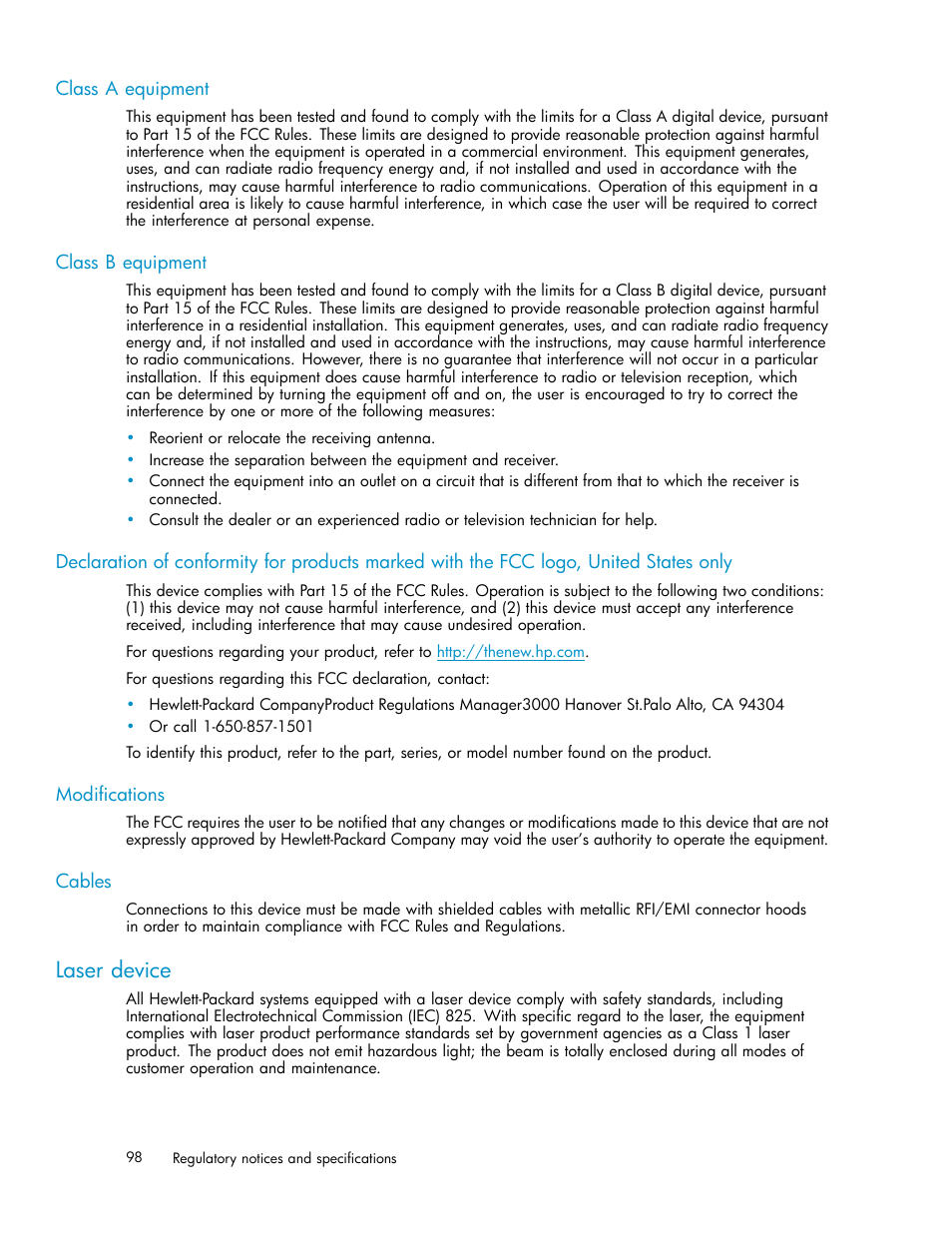 Class a equipment, Class b equipment, Modifications | Cables, Laser device | HP 3000 Enterprise Virtual Array User Manual | Page 98 / 161