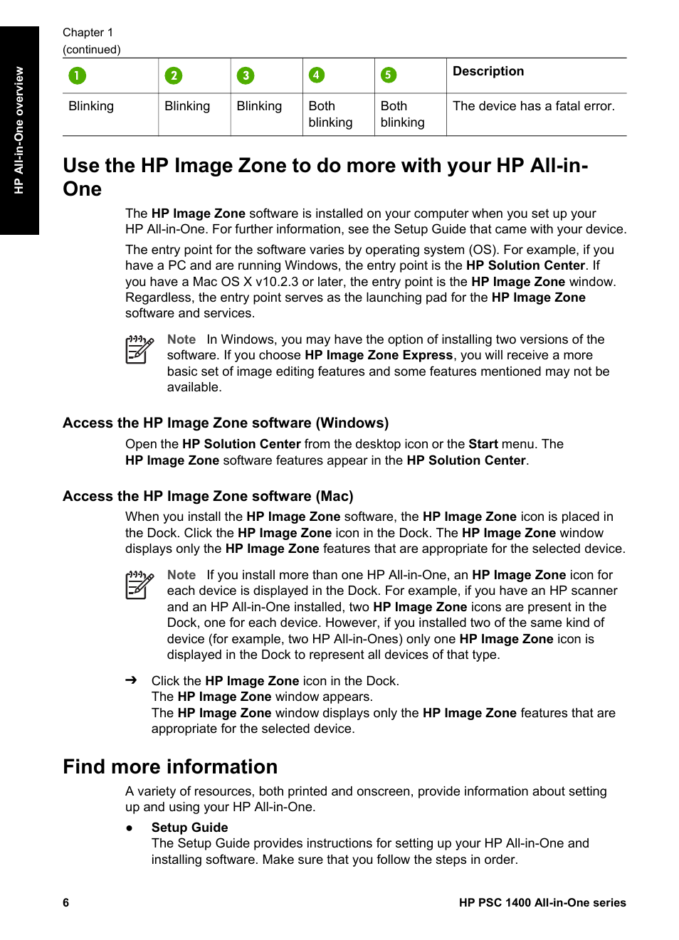 Access the hp image zone software (windows), Access the hp image zone software (mac), Find more information | HP PSC 1417 All-in-One Printer User Manual | Page 10 / 64