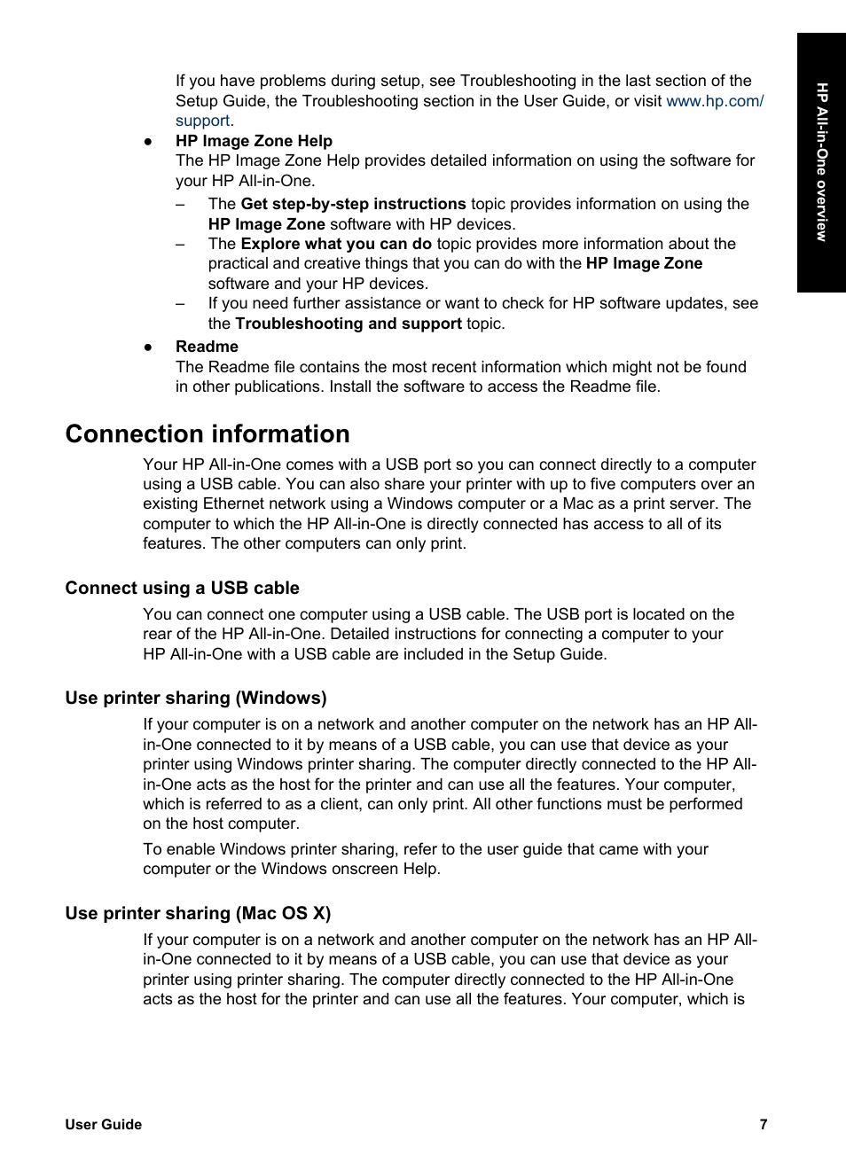 Connection information, Connect using a usb cable, Use printer sharing (windows) | Use printer sharing (mac os x) | HP PSC 1417 All-in-One Printer User Manual | Page 11 / 64