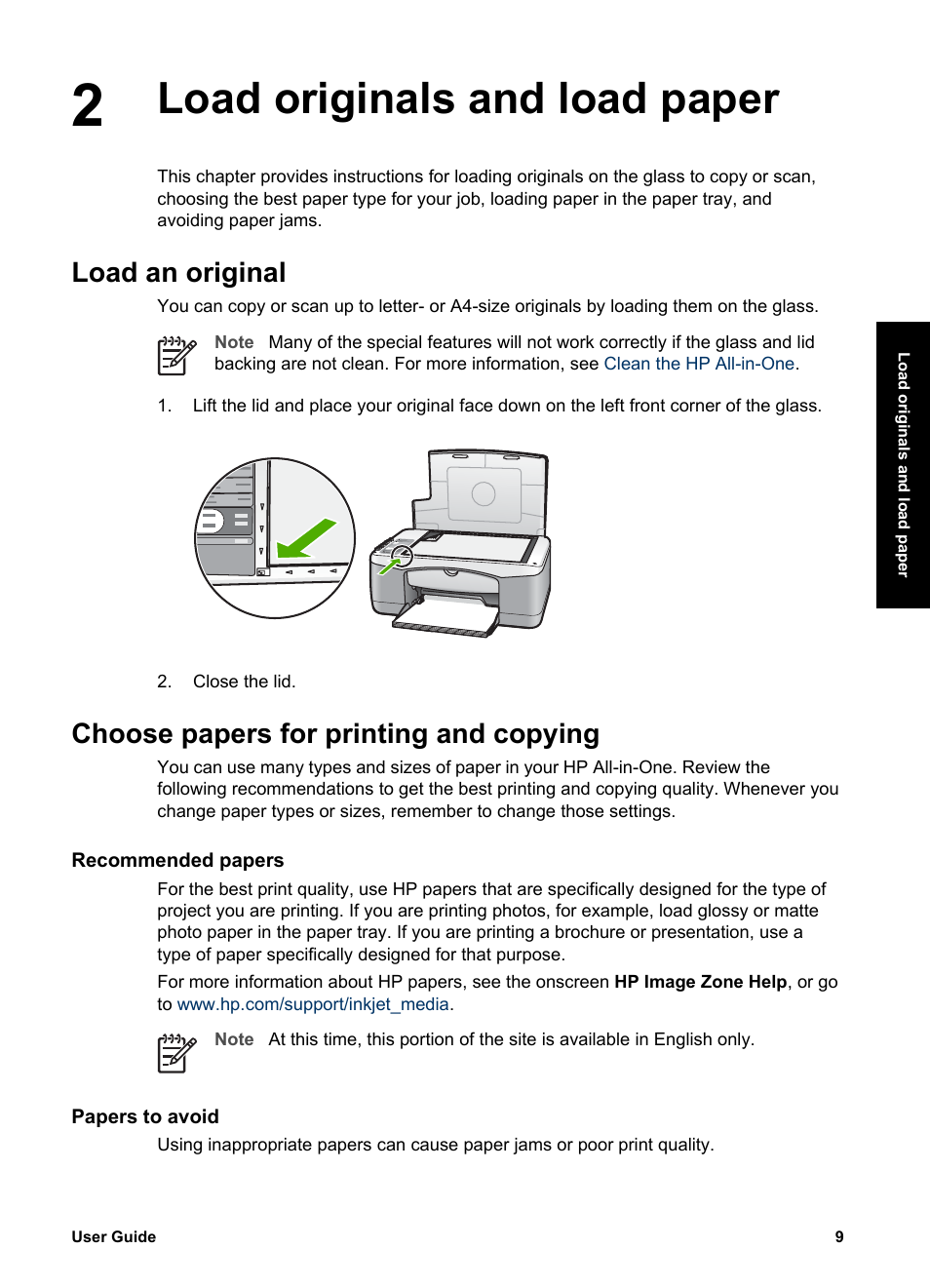 Load originals and load paper, Load an original, Choose papers for printing and copying | Recommended papers, Papers to avoid | HP PSC 1417 All-in-One Printer User Manual | Page 13 / 64