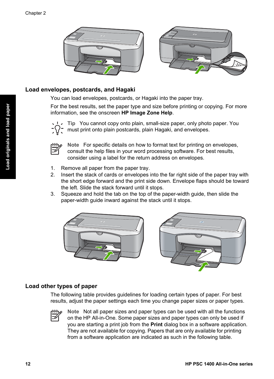 Load envelopes, postcards, and hagaki, Load other types of paper | HP PSC 1417 All-in-One Printer User Manual | Page 16 / 64