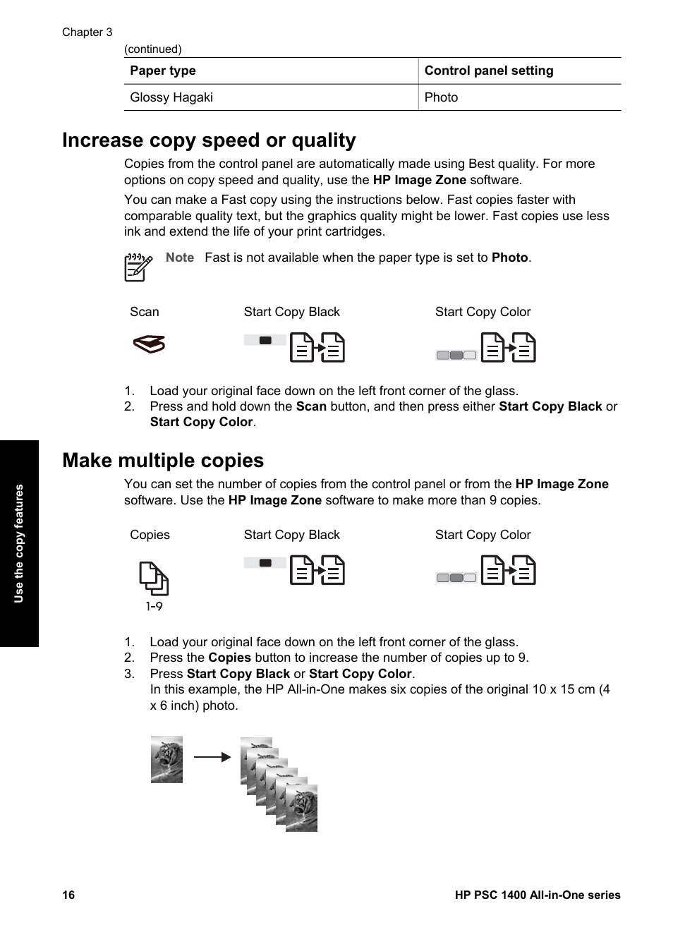 Increase copy speed or quality, Make multiple copies | HP PSC 1417 All-in-One Printer User Manual | Page 20 / 64