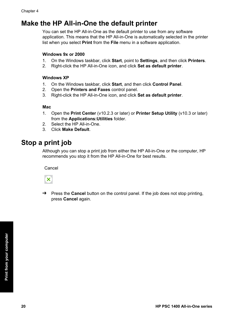 Make the hp all-in-one the default printer, Stop a print job | HP PSC 1417 All-in-One Printer User Manual | Page 24 / 64