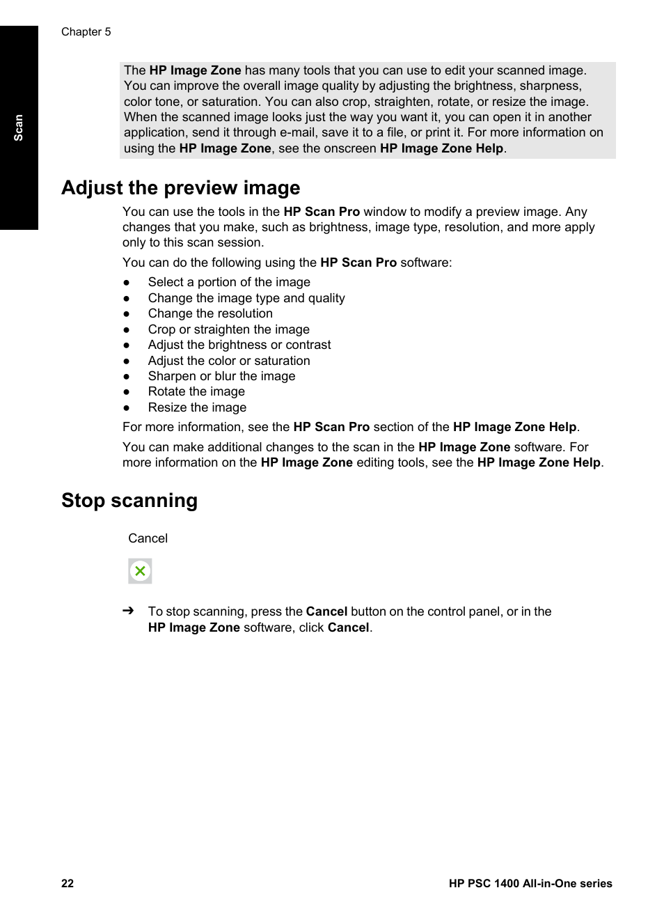 Adjust the preview image, Stop scanning, Adjust the preview image stop scanning | HP PSC 1417 All-in-One Printer User Manual | Page 26 / 64