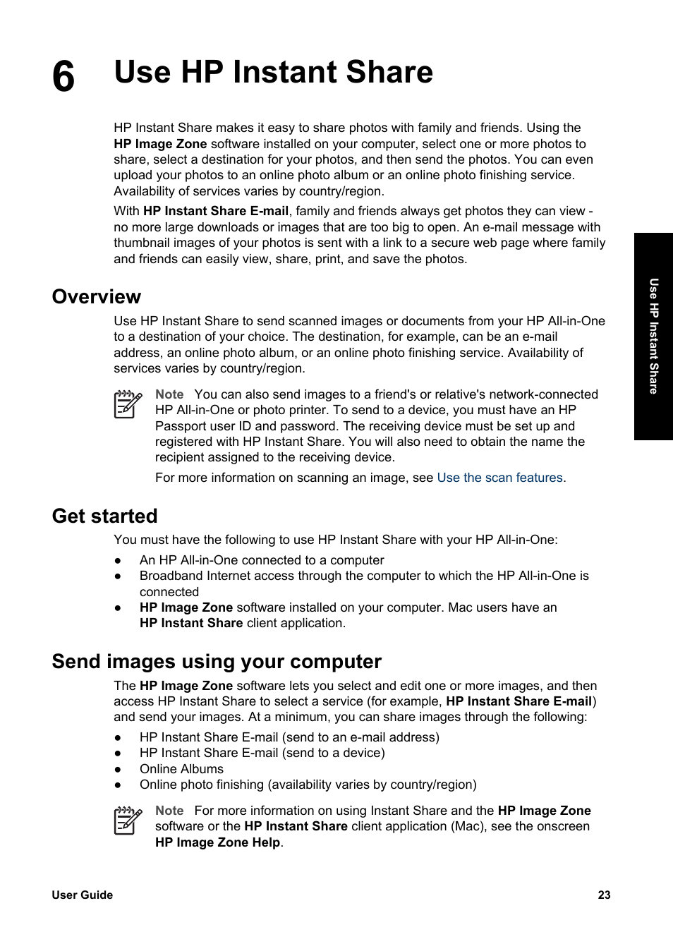 Use hp instant share, Overview, Get started | Send images using your computer | HP PSC 1417 All-in-One Printer User Manual | Page 27 / 64