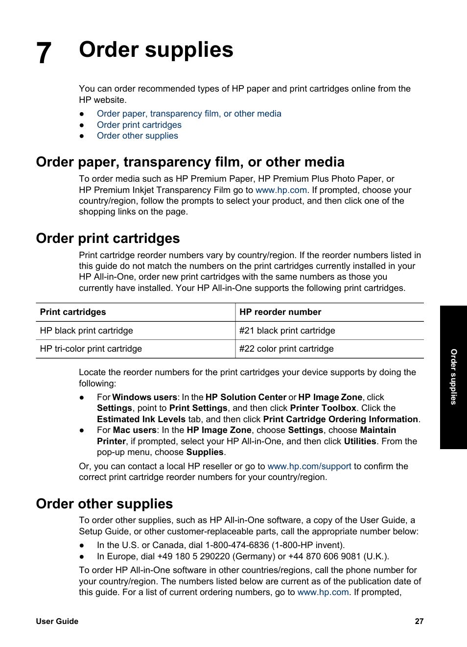 Order supplies, Order paper, transparency film, or other media, Order print cartridges | Order other supplies | HP PSC 1417 All-in-One Printer User Manual | Page 31 / 64