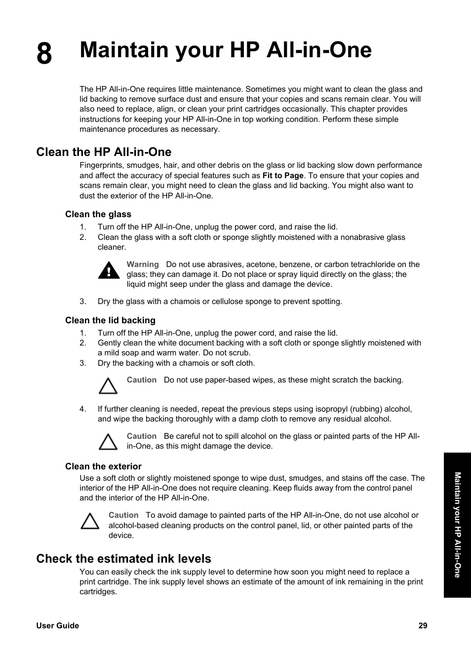 Maintain your hp all-in-one, Clean the hp all-in-one, Clean the glass | Clean the lid backing, Clean the exterior, Check the estimated ink levels | HP PSC 1417 All-in-One Printer User Manual | Page 33 / 64